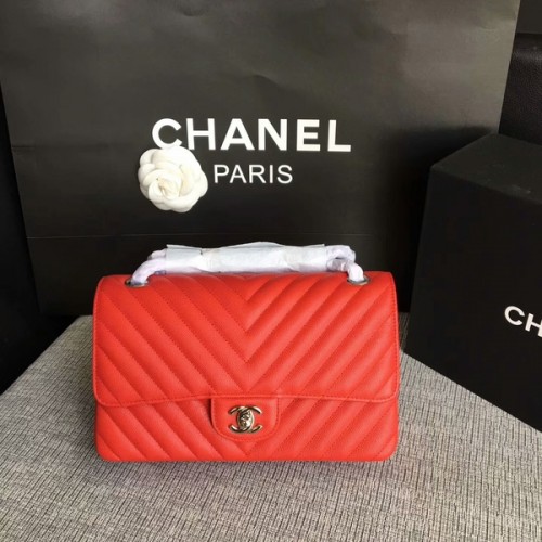 Chanel Flap Sacs à bandoulière Rouge Cuir de veau d'origine CF1112 Argent