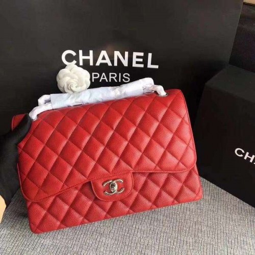 Chanel Flap Sacs à bandoulière Rouge Cuir de veau d'origine CF1113 Argent