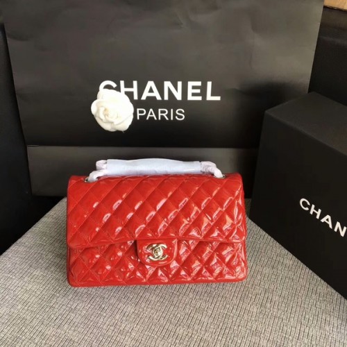 Chanel Flap Sacs à bandoulière Rouge Cuir verni d'origine CF1112 Argent