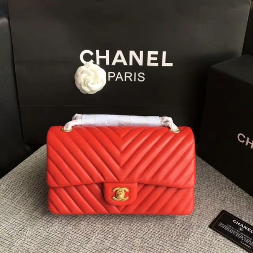 Chanel Flap Sacs à bandoulière Rouge Original Sheepskin CF1112 Or