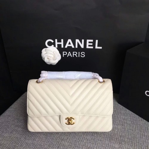 Chanel Sacs à bandoulière à rabat Blanc Cuir de veau d'origine CF1112 Or