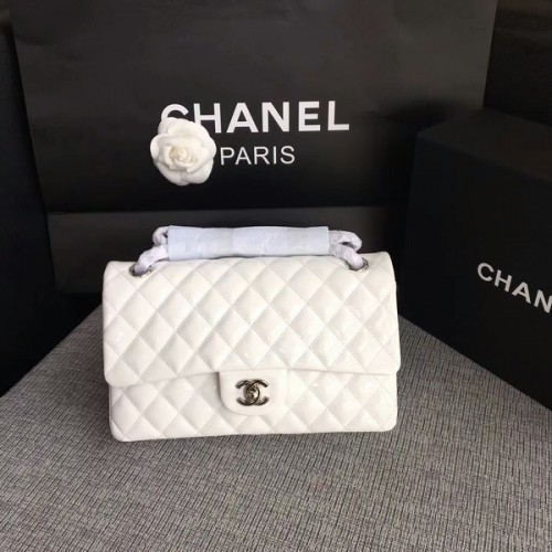 Chanel Flap Sacs à bandoulière Blanc Cuir verni d'origine CF1112 Argent