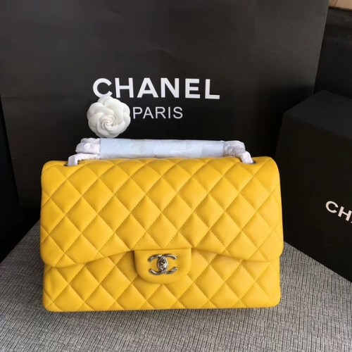 Chanel Sacs à bandoulière à rabat Jaune Cuir d'agneau d'origine CF1113 Argent