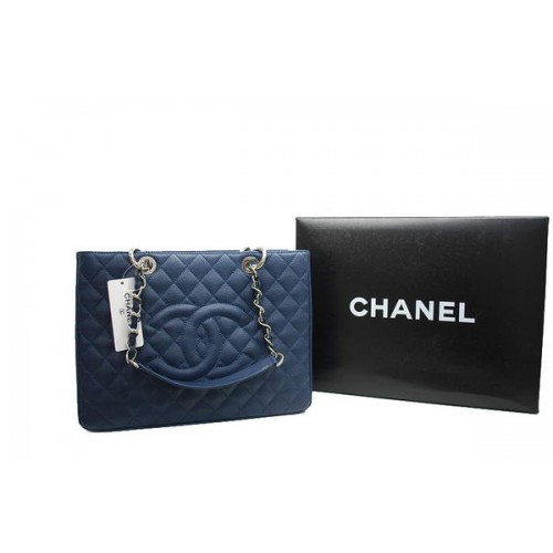 Chanel GST Caviar Cuir Coco Sac A36092 Bleu Foncé Argent