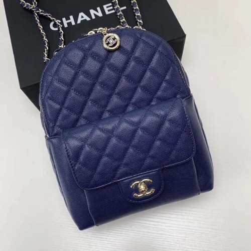 Sac à dos Chanel en cuir de veau grainé métal doré AS0004 bleu