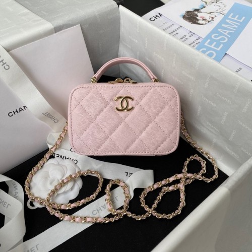 Mini sac à rabat Chanel en cuir de veau grainé avec poignée supérieure AS2431 rose
