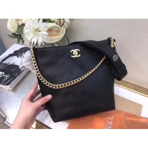 Chanel Hobo Sac à main en cuir de veau gros-grain en métal doré A57576 noir