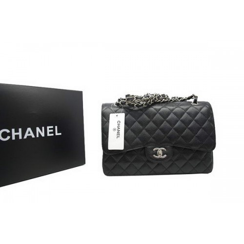 Sac Chanel Jumbo Double Rabats Cuir Caviar Original Noir A36097 Argent
