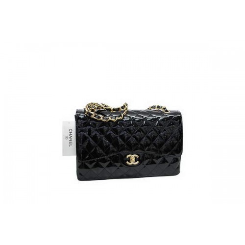 Sac Chanel Jumbo Double Flaps Noir Original Cuir Verni A36097 Or