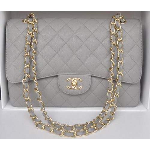 Chanel Sac Jumbo Double Rabats Gris Motif Cannage A36097 Doré