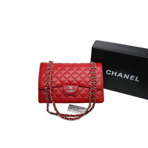 Chanel Sac Jumbo Double Rabats Cuir Caviar Original Rouge A36097 Argent