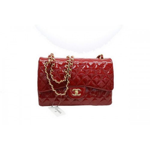 Hot Style Chanel Jumbo Double Rabats Sac Rouge Original Cuir Verni A36097 or