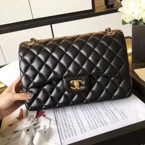 Chanel Jumbo Double Rabats Sacs Noir Original En Cuir De Mouton A36097 Or