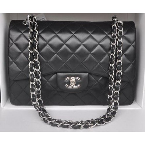 Chanel Sacs Jumbo Double Rabats Cuir De Mouton Noir A36097 Argent