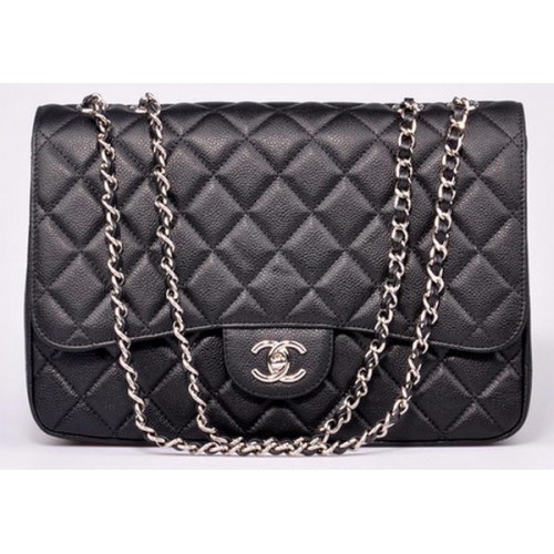 Sac Chanel Jumbo Rabat Noir Motif Cannage A28600 Argent