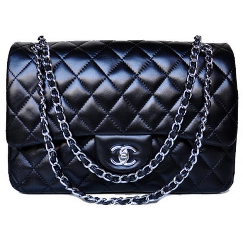 Chanel Jumbo Quilted Classic Sac à rabat en peau de mouton noir A58600 Argent