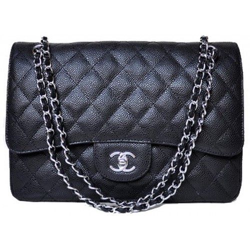 Chanel Jumbo Quilted Classic Flap Bag Black Cannage Patterns A58600 Argent