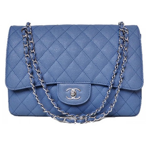Chanel Jumbo Quilted Classic Flap Bag Blue Cannage Patterns A58600 Argent