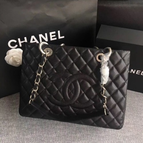 Chanel LE Boy Grand Shopping Tote Bag TPS Noir Cannage Motif A50995 Argent
