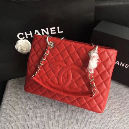 Chanel LE Boy Grand Shopping Tote Bag TPS Rouge Cannage Motif A50995 Argent