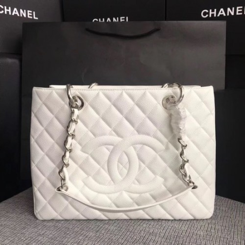 Chanel LE Boy Grand Shopping Tote Bag GST Blanc Cannage Motif A50995 Argent