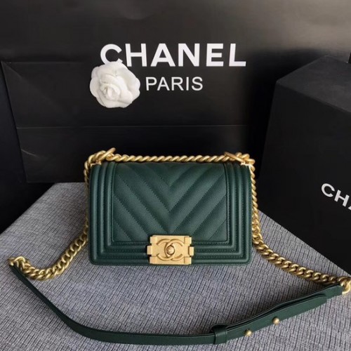 Chanel Le Boy Flap Sac à bandoulière en cuir caviar original P67085 Vert noirâtre Boucle dorée