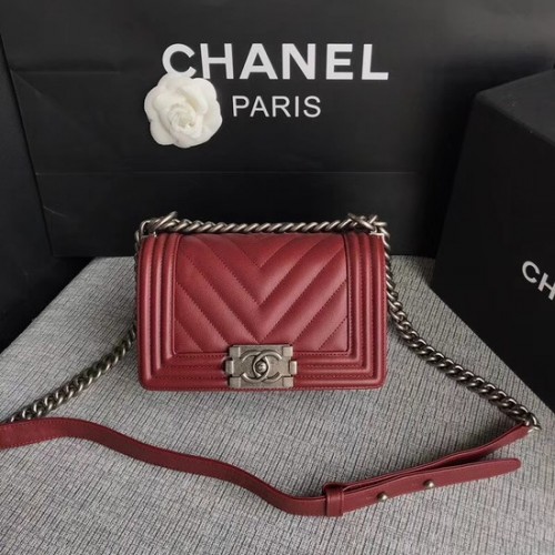 Chanel Le Boy Flap Sac à bandoulière en cuir caviar original P67085 Boucle en argent rouge foncé