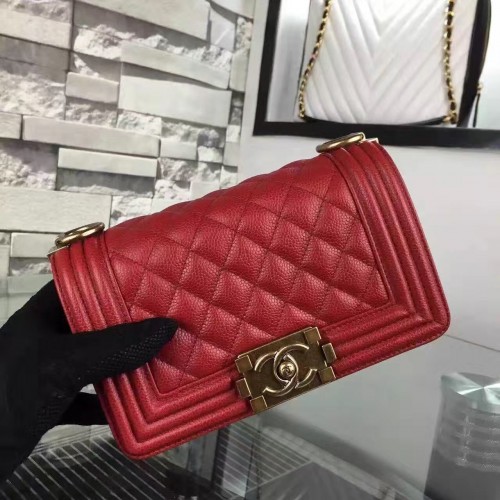 Chanel Le Boy Flap Sac à Bandoulière Original Cavier Cuir A67085 Boucle Or Rouge