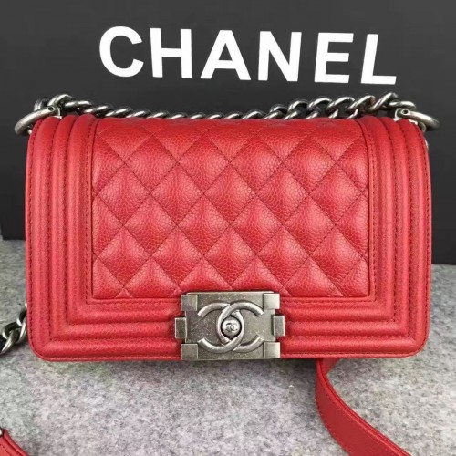 Chanel Le Boy Flap Sac à Bandoulière Original Cavier Cuir A67085 Rouge Argent Boucle