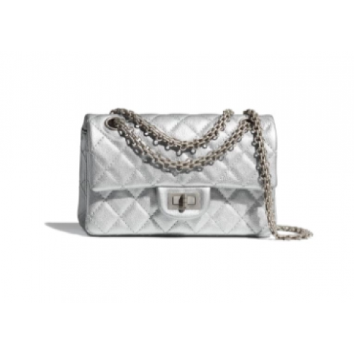 Chanel SAC À MAIN MINI 2.55 Cuir de veau grainé métallisé Blanc Métal AS0874 Argent