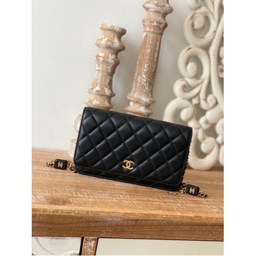 Chanel MINI SAC À RABAT Agneau Métal Doré AS0950 noir