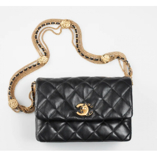 Chanel MINI SAC À RABAT Agneau Métal Doré AS3378 noir