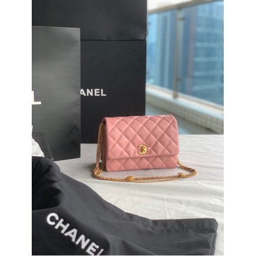 Chanel MINI SAC À RABAT Agneau Métal doré AS3378 rose