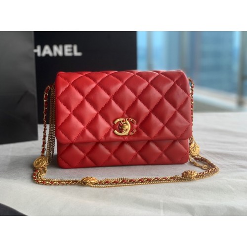 Chanel MINI SAC À RABAT Agneau Métal doré AS3378 rouge
