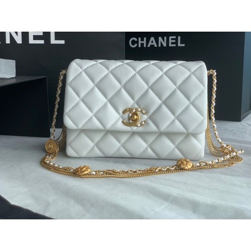 Chanel MINI SAC À RABAT Agneau Métal Doré AS3378 blanc