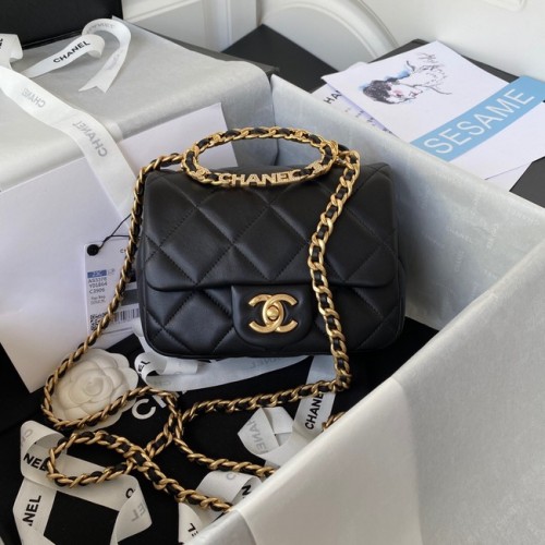 Chanel MINI SAC À RABAT Agneau Métal Doré AS3450 noir