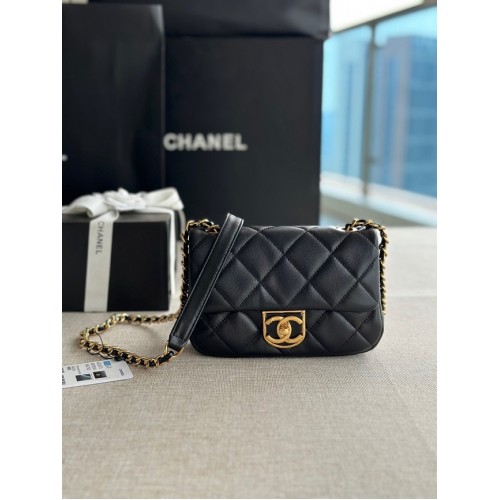 Chanel MINI SAC À RABAT Agneau Métal Doré AS3473 noir
