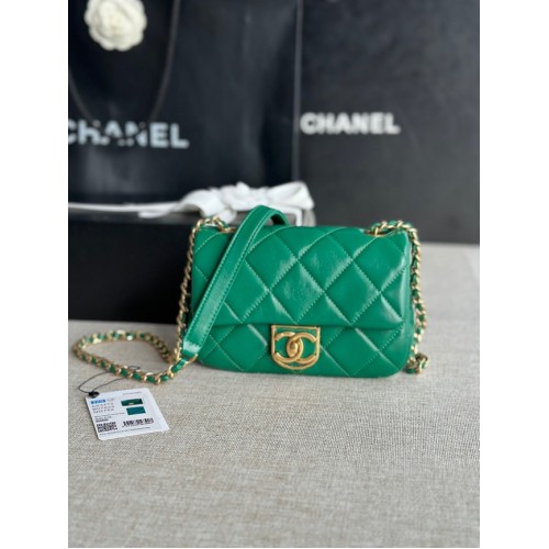Chanel MINI SAC À RABAT Agneau Métal doré AS3473 vert