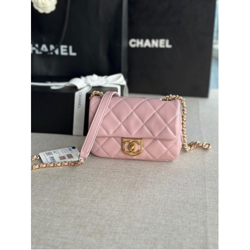 Chanel MINI SAC À RABAT Agneau Métal doré AS3473 rose