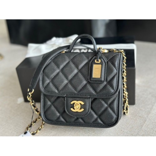 Chanel MINI SAC À RABAT AVEC POIGNÉE SUPÉRIEURE Cuir de veau grainé AS3652 noir