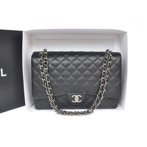 Vente chaude Chanel Maxi Classic Bag A36098 Noir Cuir Caviar Original Argent