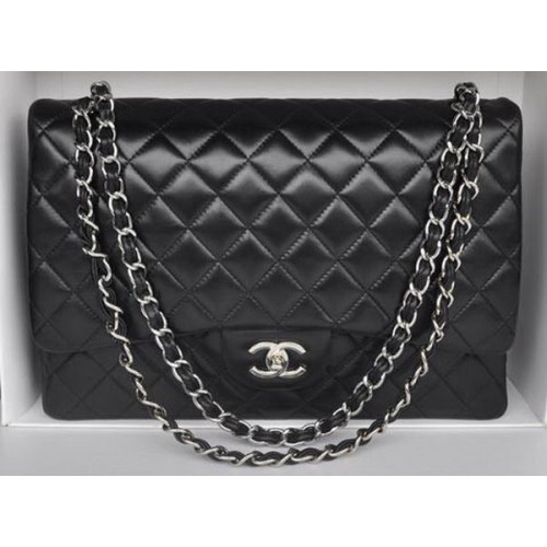 Chanel Maxi Classic Bag A36098 Noir En Peau De Mouton Argent