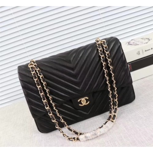 Chanel Maxi Classic Flap Bag Noir Chevron Sheepskin Leather A58601 Or