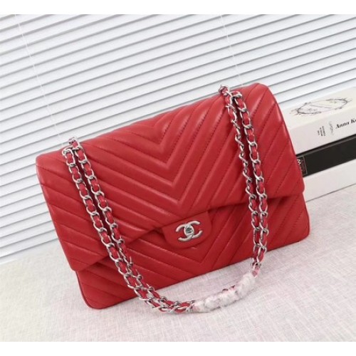 Chanel Maxi Classic Flap Bag Red Chevron Sheepskin Leather A58601 Argent