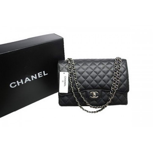 Sac Chanel Maxi Double Flaps A36098 Cuir Caviar Noir Original Argent