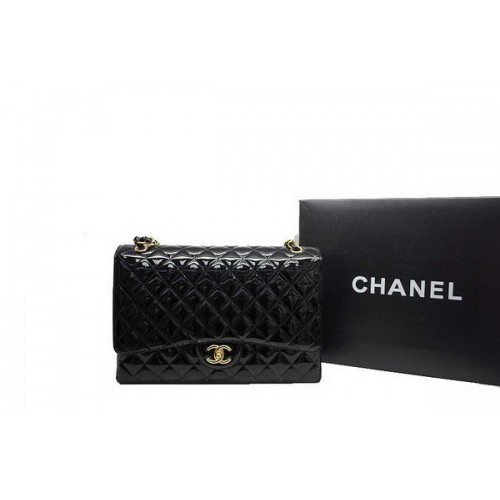 Sac Chanel Maxi Double Flaps A36098 Noir Cuir verni d'origine Or
