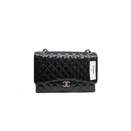 Chanel Maxi Double Rabats Sac A36098 Noir Original Cuir Verni Argent
