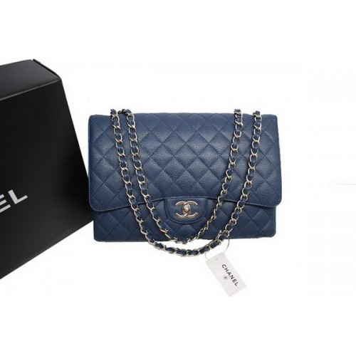 Sac Chanel Maxi Double Flaps A36098 Bleu Cuir Caviar Original Argent