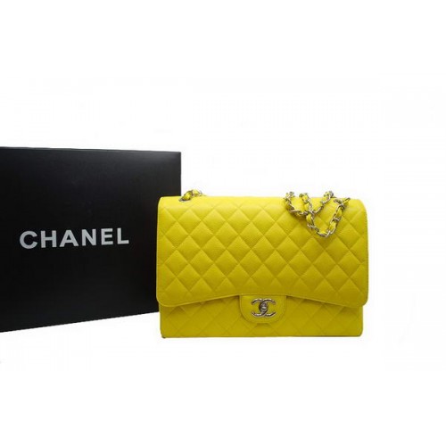 Sac Chanel Maxi Double Flaps A36098 Citron Original Cuir Caviar Argent