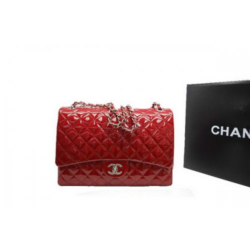 Chanel Maxi Double Rabats Sac A36098 Rouge Original Cuir Verni Argent